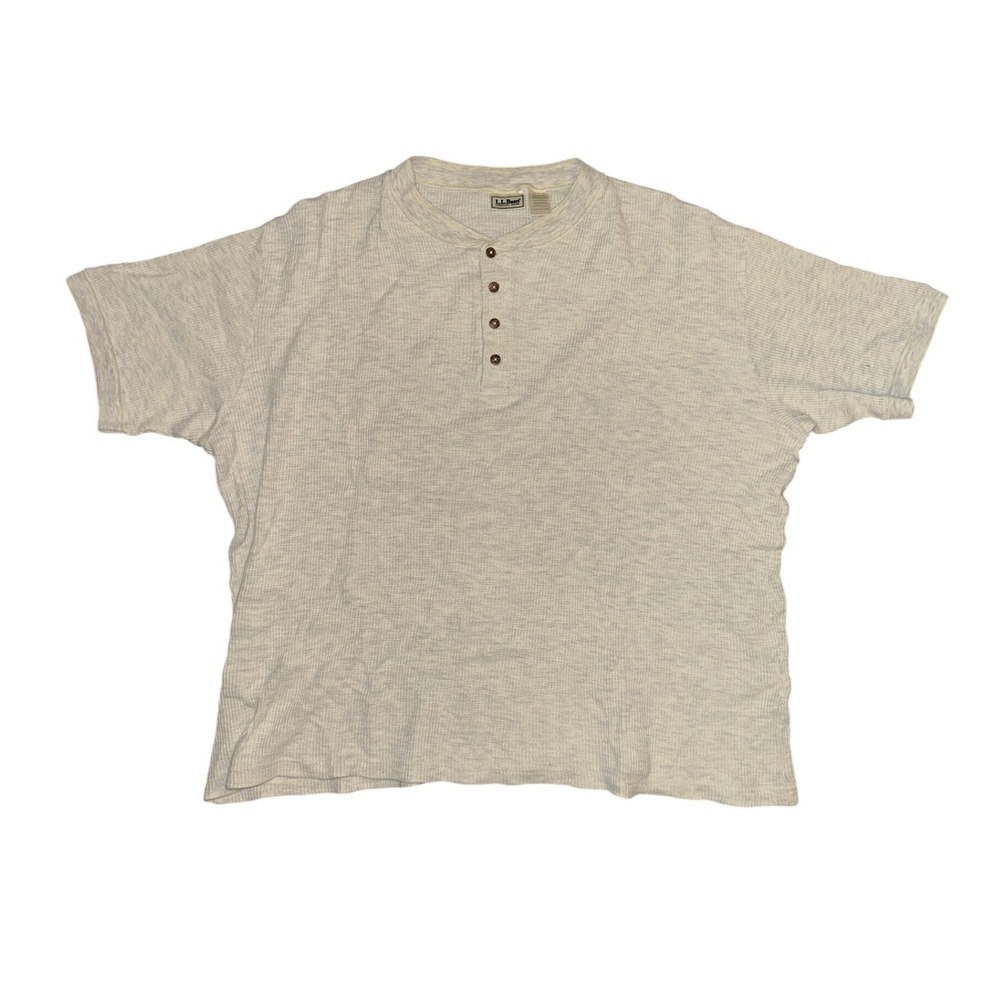 LL Bean Mens XL Waffle Knit Henley Shirt Short Sleeve Cotton Oatmeal OY955 USA
